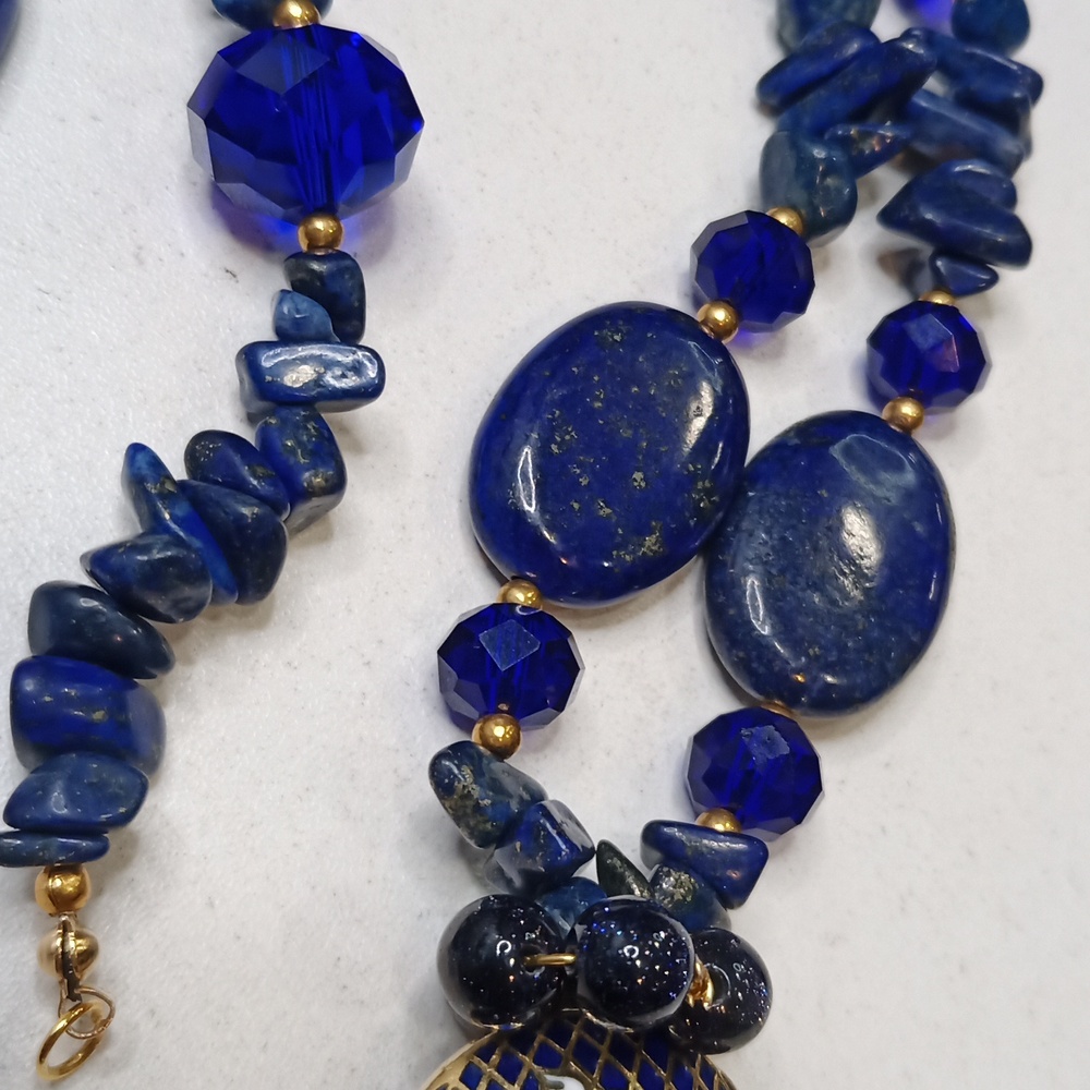 Vintage cloisonne Pendant lapis Lazuli Necklace Wedding Cake 925 Earrings - Picture 7 of 13